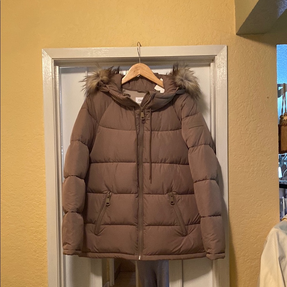 Calvin Klein Gap Brown Puffer Jacket with Faux Fur Hood